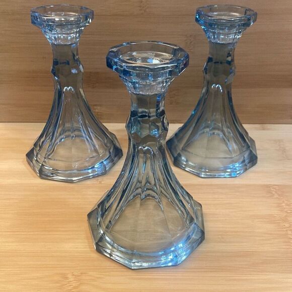 Vintage Set of 3 Glass Fostoria Virginia Light Blue Candlestick Holders - Picture 3 of 10